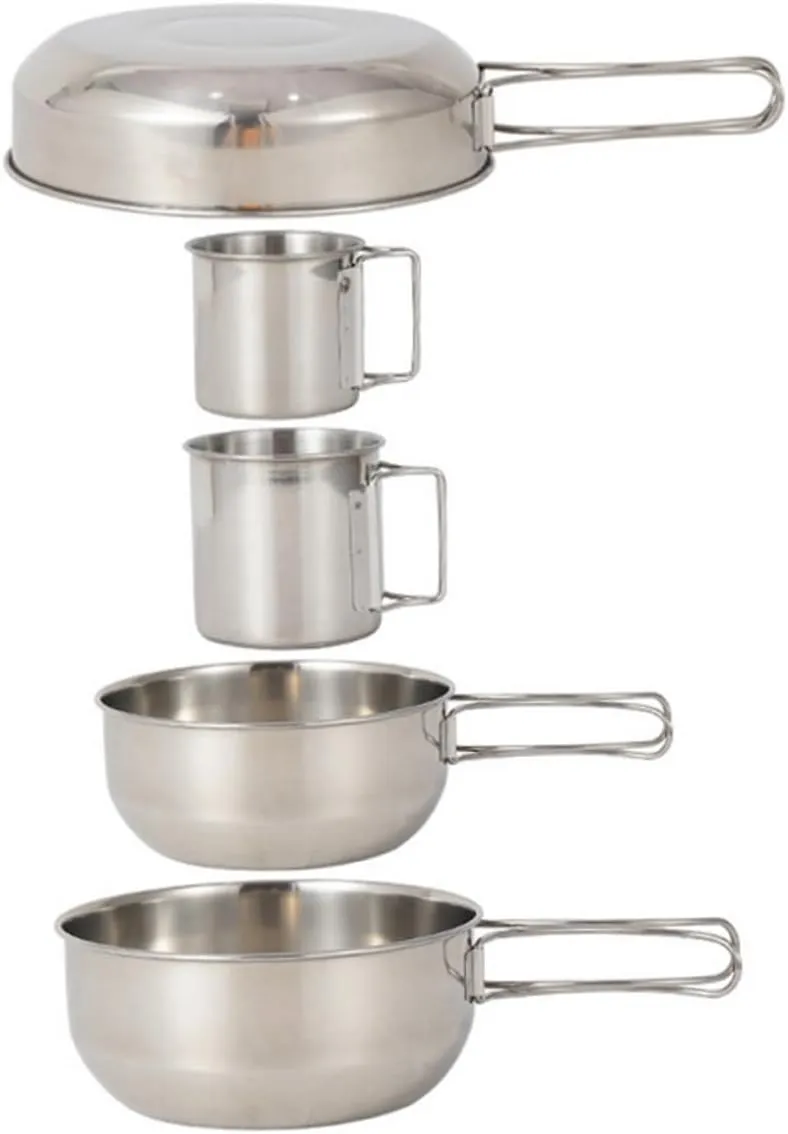 Stainless Steel Portable Cutlery Set 5-in-1 Camping Tableware Frying Pan Bowl Cup Folding for BBQ Hiking
