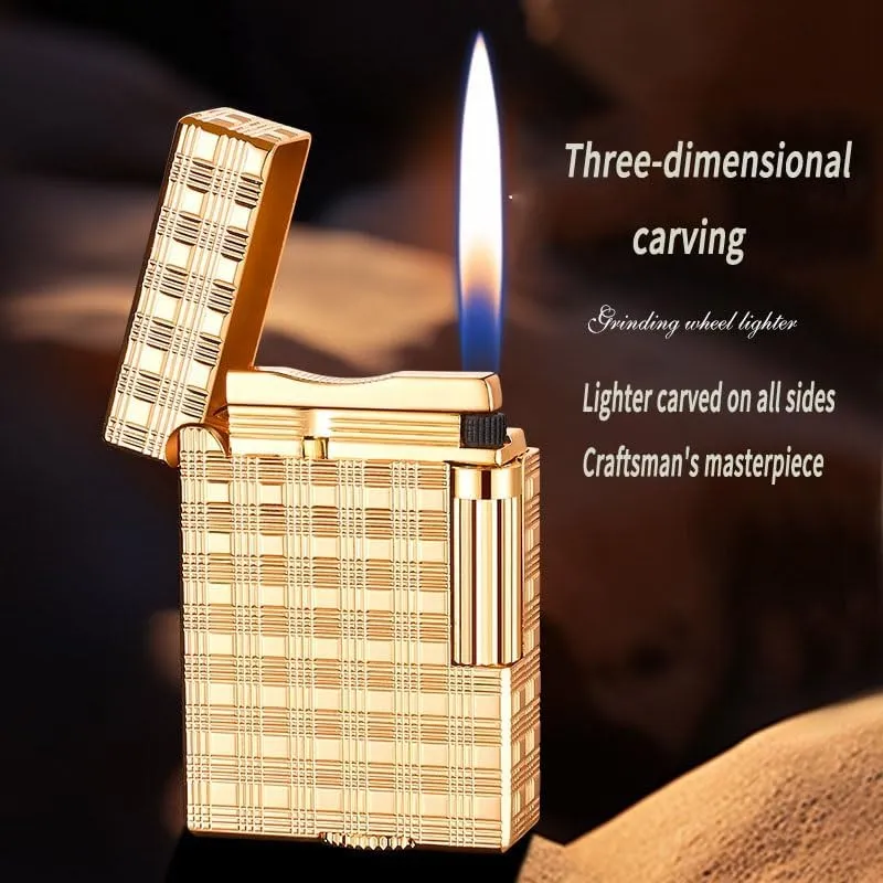 Steel Tone Retro Lighter, Classic Grinding Wheel Side Slide Ignition Lighter, Adjustable Soft Flame Butane Lighter, Refillable Men'S Cool Lighter for Cigarettes, Cigars, Candles Gift Box Packaging(Gol