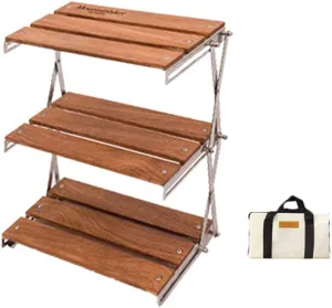 Storage Rack, Outdoor Camping Cups Bowls Folding Storage Rack Wooden Three-Tier Storage Bracket Picnic BBQ Tableware Cookware Storage Rack Campsite Tools Shelf
