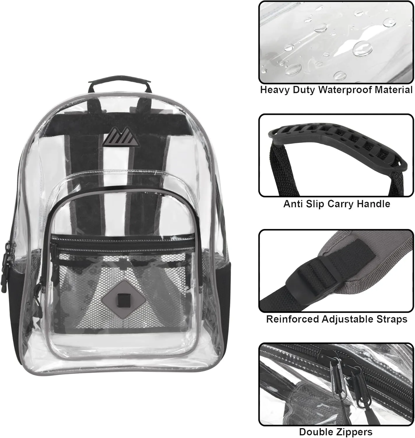 Summit Ridge Clear Waterproof Heavy Duty Stadium Approved Backpack with Water Bottle Holding Pockets, Front Zipper Pocket and Mesh Pocket for Men and Women in Grey