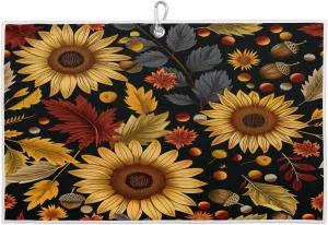 Sunflower Hazelnut Leaf Golf Towel with Heavy Duty Carabiner Ultra Absorbent Quick Dry Perfect for Cleaning Clubs Balls Gear Essential Golf Accessory for Men Women Kids