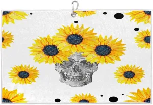 Sunflower Skulls Golf Towel with Heavy Duty Carabiner Ultra Absorbent Quick Dry Perfect for Cleaning Clubs Balls Gear Essential Golf Accessory for Men Women Kids