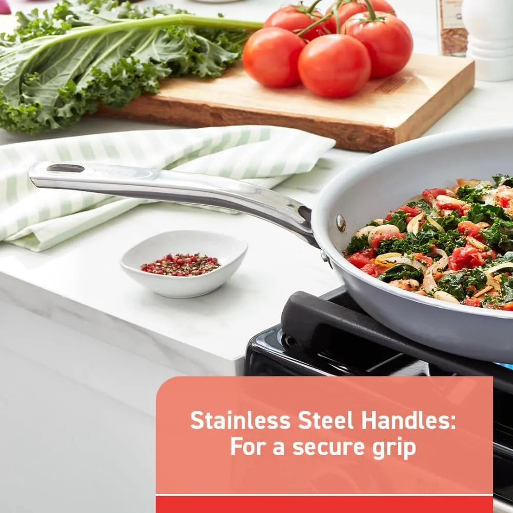 T-fal Fresh Gourmet Recycled Ceramic Non Stick Cookware Set 12 Piece, Oven Broiler Safe 500F, Lid Safe 350F, Kitchen Cooking Set W/Fry Pans, Saucepans, Dutch Oven, Utensils, Pots and Pans Set, Grey