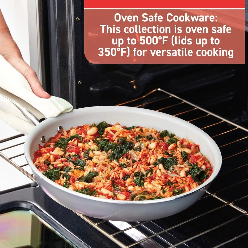 T-fal Fresh Gourmet Recycled Ceramic Non Stick Cookware Set 12 Piece, Oven Broiler Safe 500F, Lid Safe 350F, Kitchen Cooking Set W/Fry Pans, Saucepans, Dutch Oven, Utensils, Pots and Pans Set, Grey