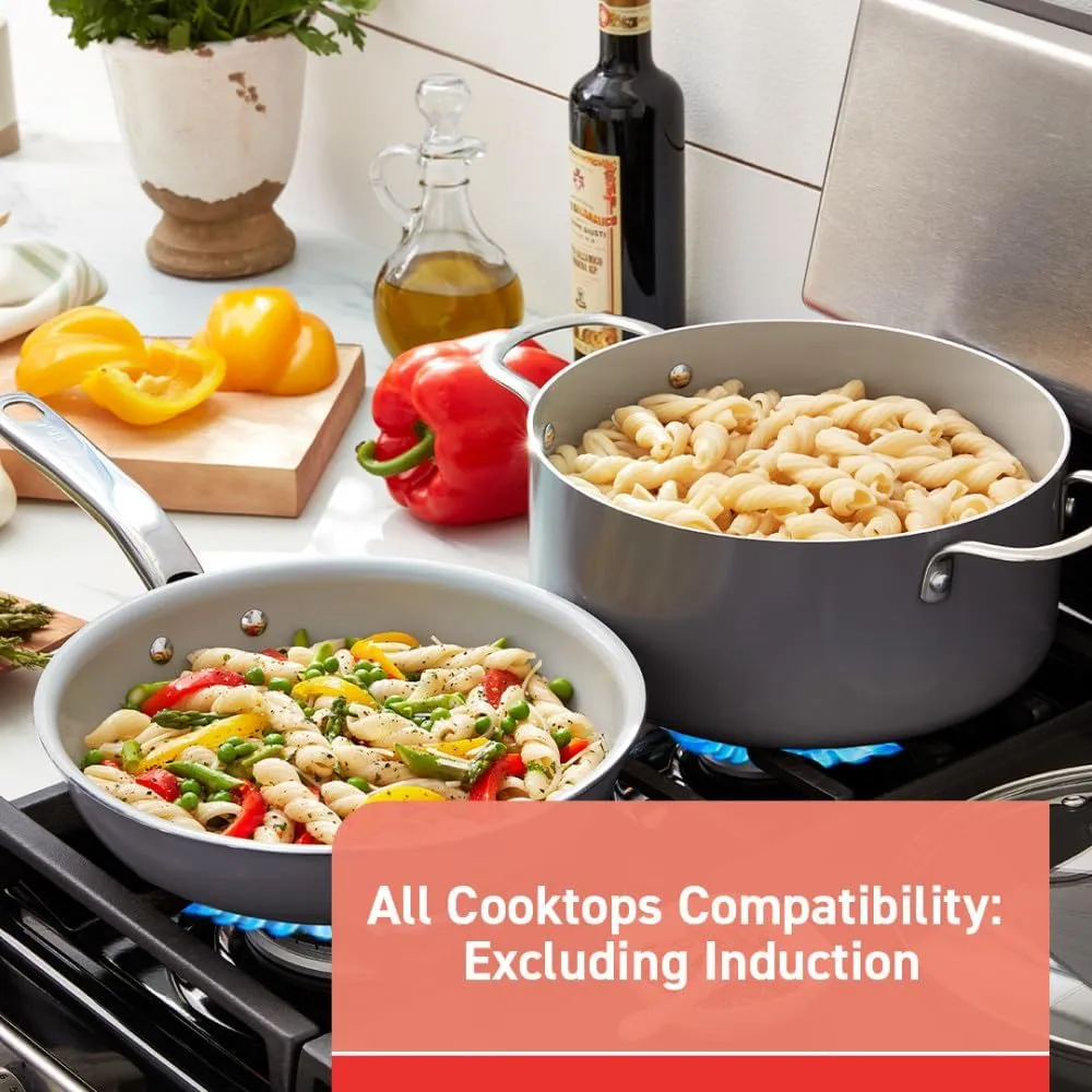 T-fal Fresh Gourmet Recycled Ceramic Non Stick Cookware Set 12 Piece, Oven Broiler Safe 500F, Lid Safe 350F, Kitchen Cooking Set W/Fry Pans, Saucepans, Dutch Oven, Utensils, Pots and Pans Set, Grey