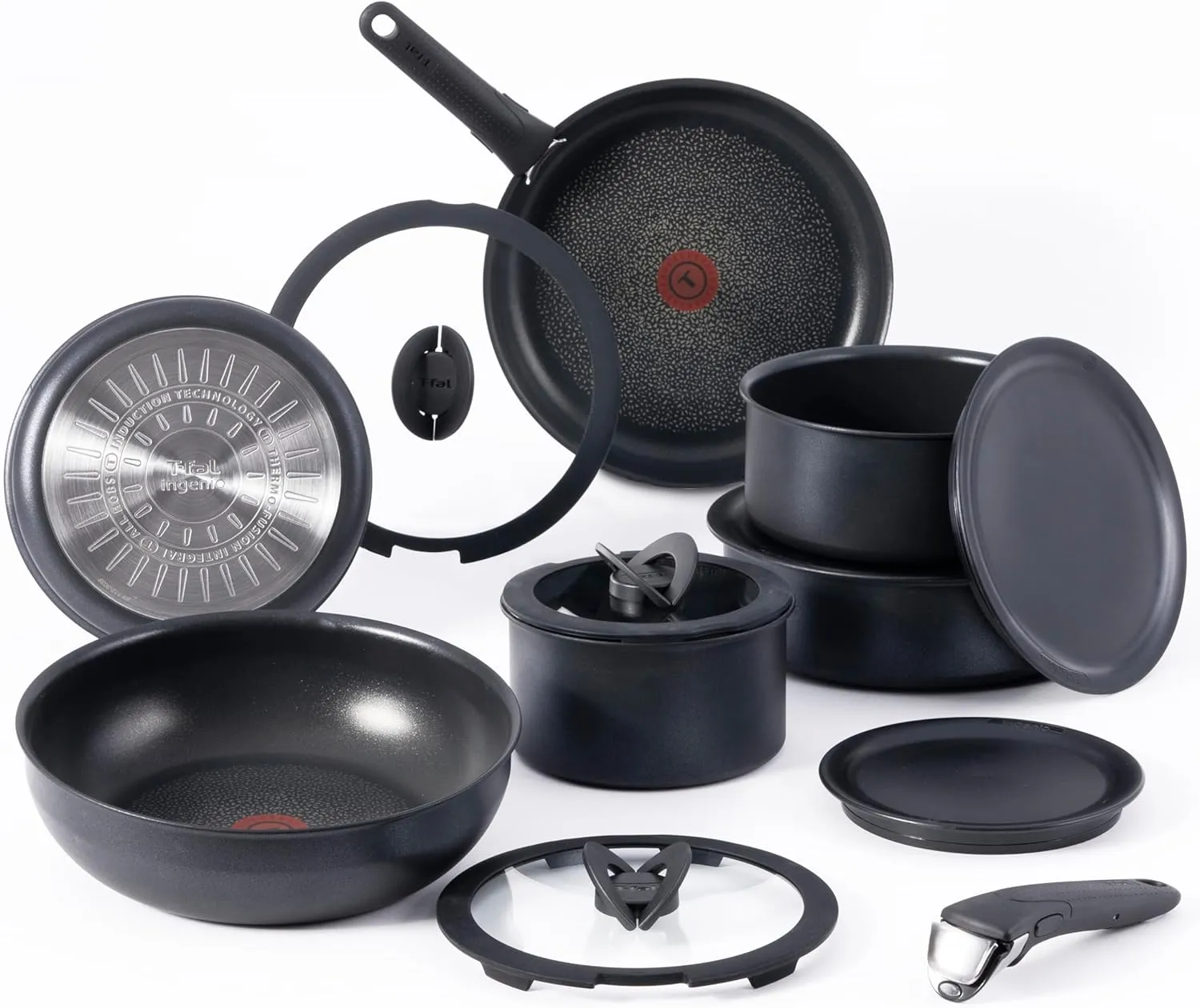 T-fal Ingenio Expertise Non Stick Cookware Set 14 Piece, Induction Oven Broiler Safe 500F, Detachable/Removable Handle, Kitchen, Pots and Pans, RV, Camping, Fry Pans, Saucepans, Dishwasher Safe Black