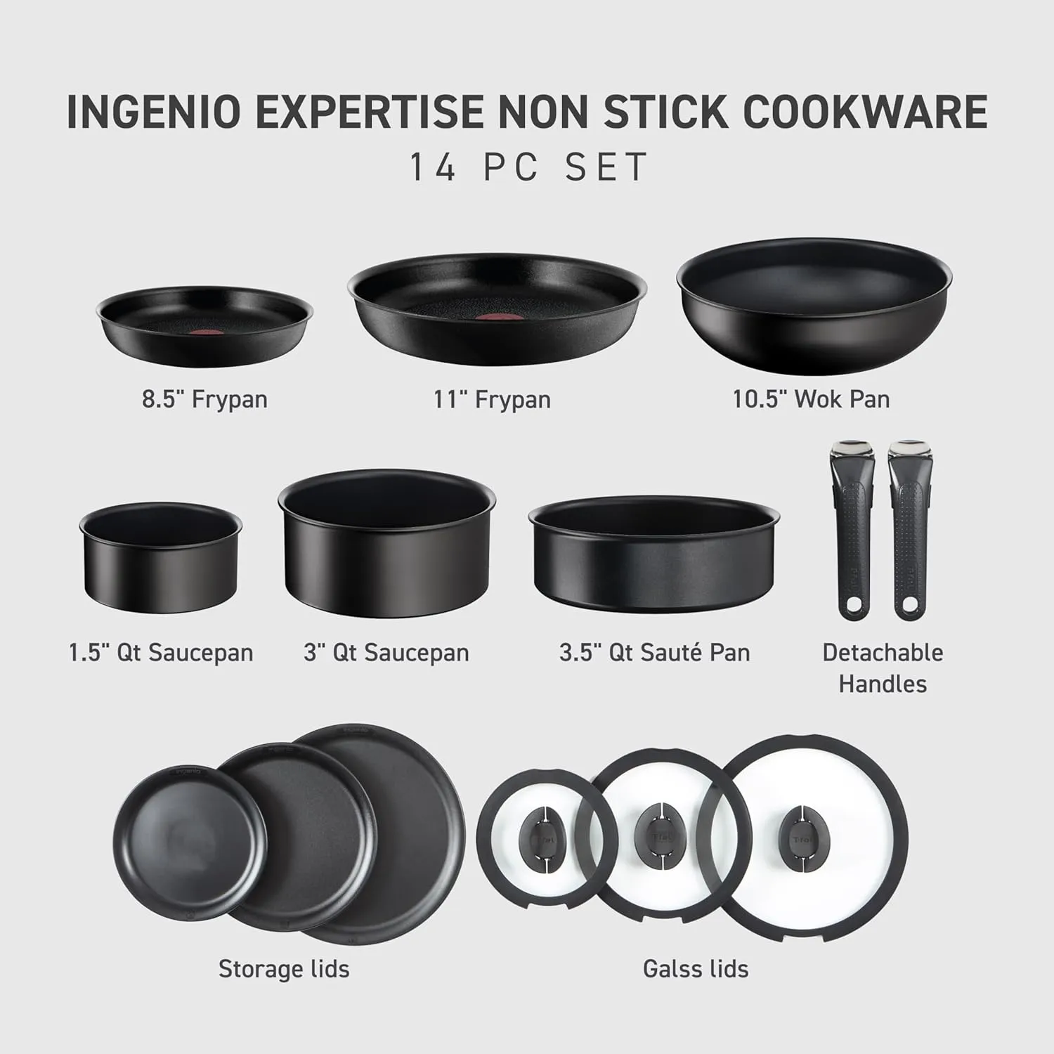 T-fal Ingenio Expertise Non Stick Cookware Set 14 Piece, Induction Oven Broiler Safe 500F, Detachable/Removable Handle, Kitchen, Pots and Pans, RV, Camping, Fry Pans, Saucepans, Dishwasher Safe Black