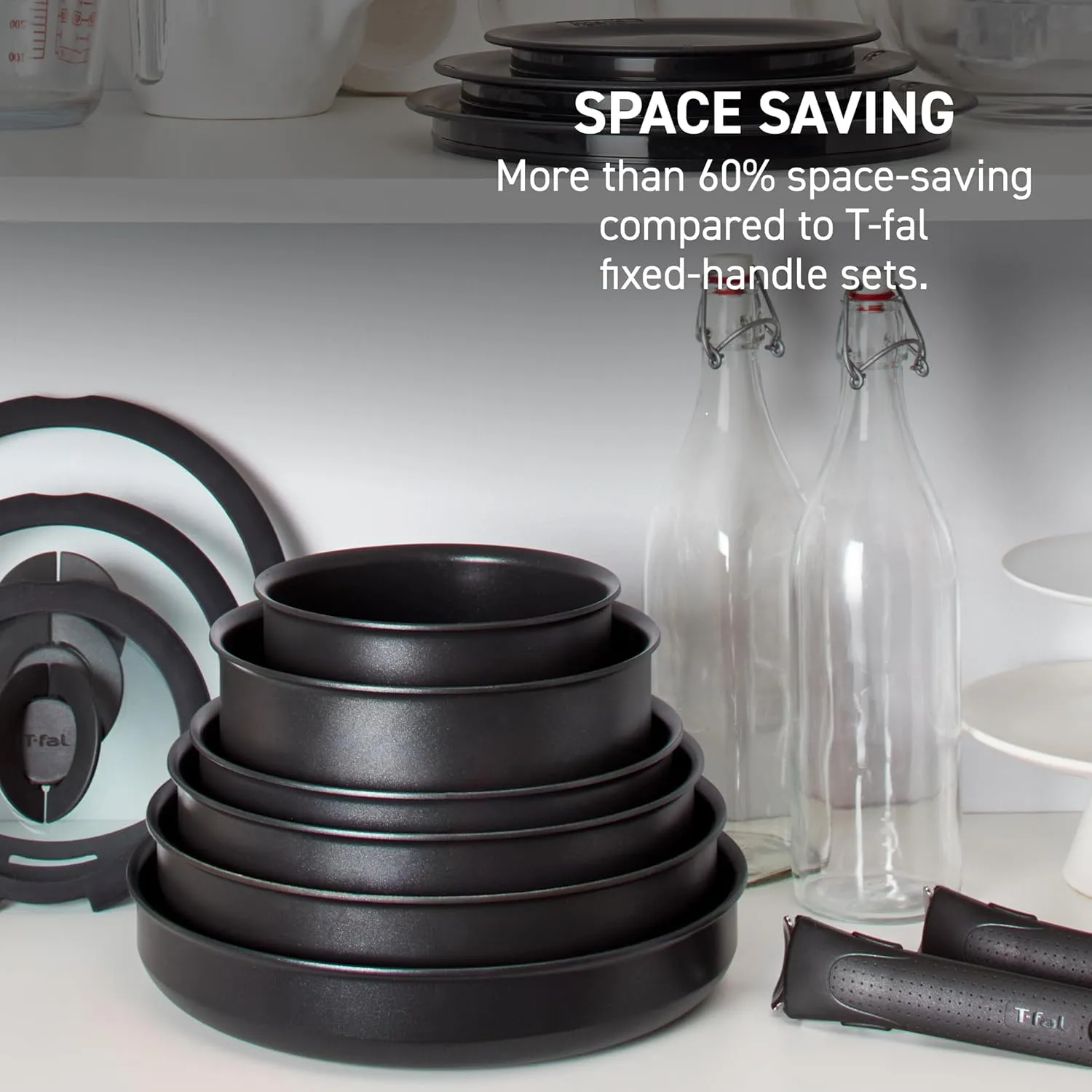 T-fal Ingenio Expertise Non Stick Cookware Set 14 Piece, Induction Oven Broiler Safe 500F, Detachable/Removable Handle, Kitchen, Pots and Pans, RV, Camping, Fry Pans, Saucepans, Dishwasher Safe Black
