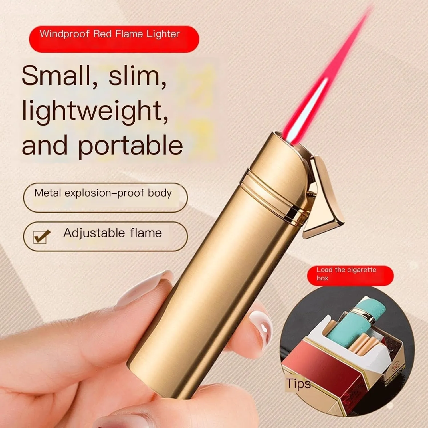 TARVIT Mini Thin Butane Lighter，Windproof Jet red Flame Cigarettes Lighter，Can be Placed in a Cigarette Box Portable Metal Torch Lighters Women/Men's Gifts (Color : Silver)
