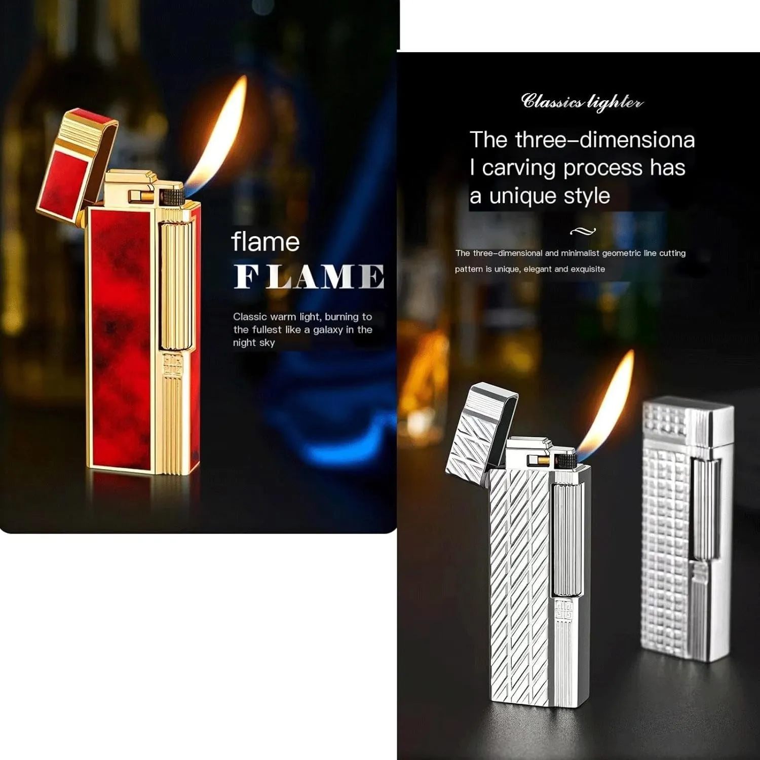 TARVIT Soft Flame Lighter Butane Refillable Gas Lighter with Adjustable Flame Tools and Replaceable Flints ， Metal Lighter for Cigarette/Cigar/Candle 【No Gas】 (Color : Silver Rhombus)