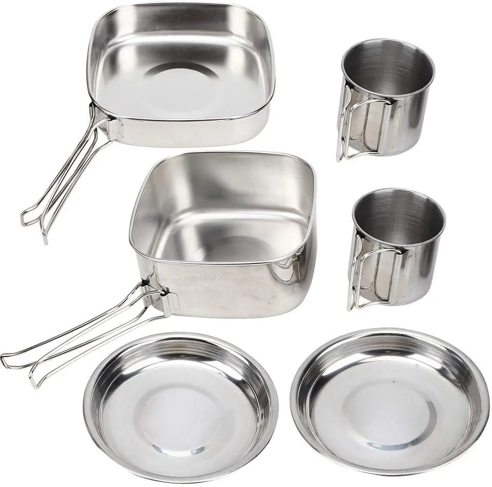 Tbest 6Pcs/Set Stainless Steel Outdoor Camping Cookware Utensils Family Cook Set Outdoor Cooking Equipment Portable Frying Pan Cups Pot Tableware for Picnic Camping Backpacking