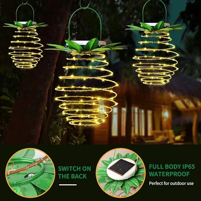 Tcamp 4 Pack 60 LED Solar Powered Pineapple Lights Outdoor Garden Patio Lights Decor, Outdoor Pineapple Lanterns Hanging Lights, Landscape Path Tree Lights (Dusk to Dawn Sensor/Warm White）
