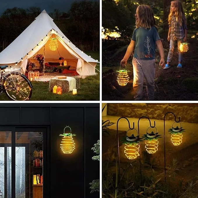 Tcamp 4 Pack 60 LED Solar Powered Pineapple Lights Outdoor Garden Patio Lights Decor, Outdoor Pineapple Lanterns Hanging Lights, Landscape Path Tree Lights (Dusk to Dawn Sensor/Warm White）