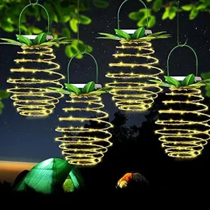 Tcamp 4 Pack 60 LED Solar Powered Pineapple Lights Outdoor Garden Patio Lights Decor, Outdoor Pineapple Lanterns Hanging Lights, Landscape Path Tree Lights (Dusk to Dawn Sensor/Warm White）