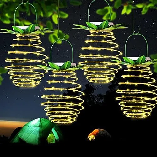 Tcamp 4 Pack 60 LED Solar Powered Pineapple Lights Outdoor Garden Patio Lights Decor, Outdoor Pineapple Lanterns Hanging Lights, Landscape Path Tree Lights (Dusk to Dawn Sensor/Warm White）