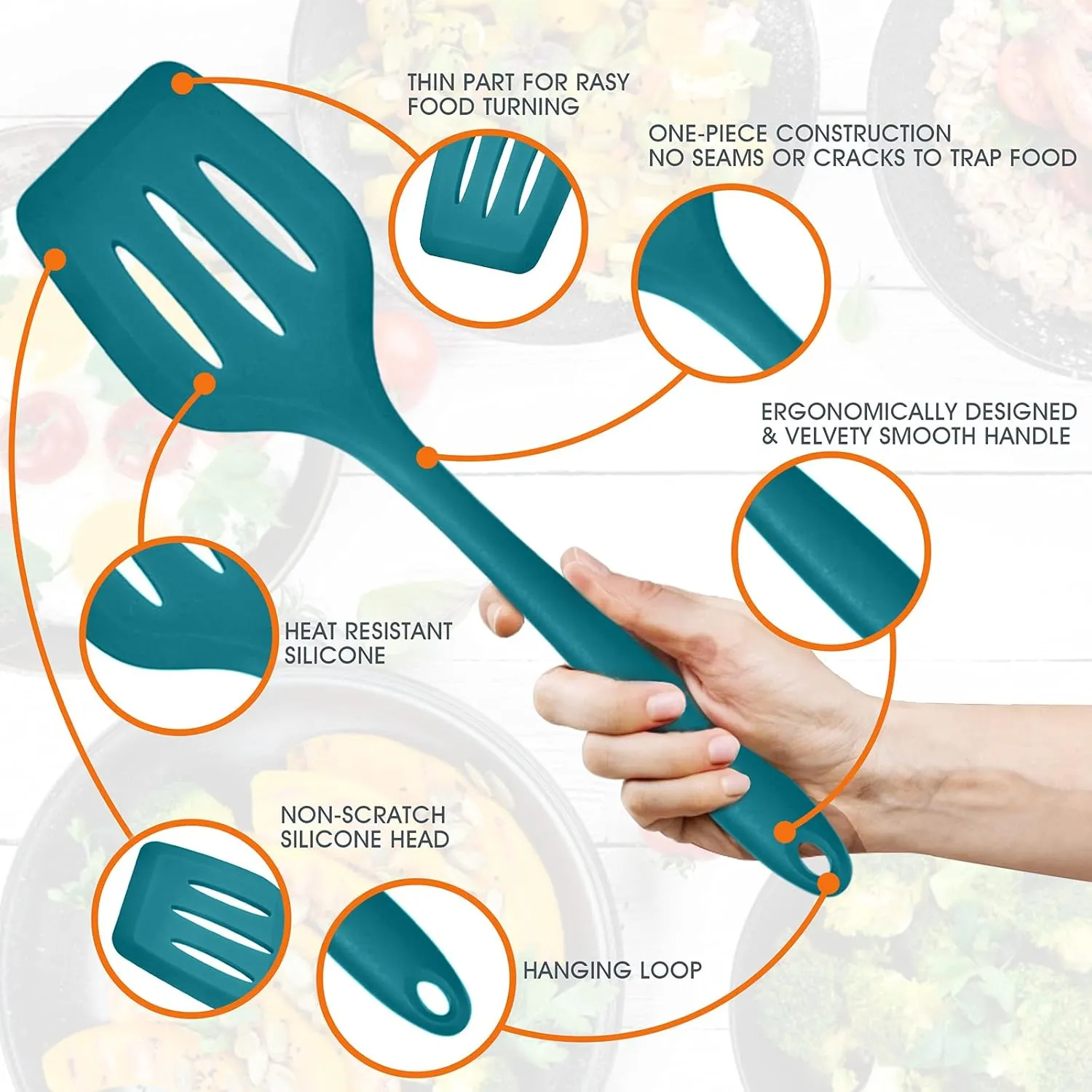 Teal Blue Kitchen Utensils Set, E-far 15-Piece Silicone Cooking Utensils with Holder, Non-stick Cookware Friendly & Heat Resistant, Includes Ladle Spatula Spoon Slotted Turner for Cooking & Baking