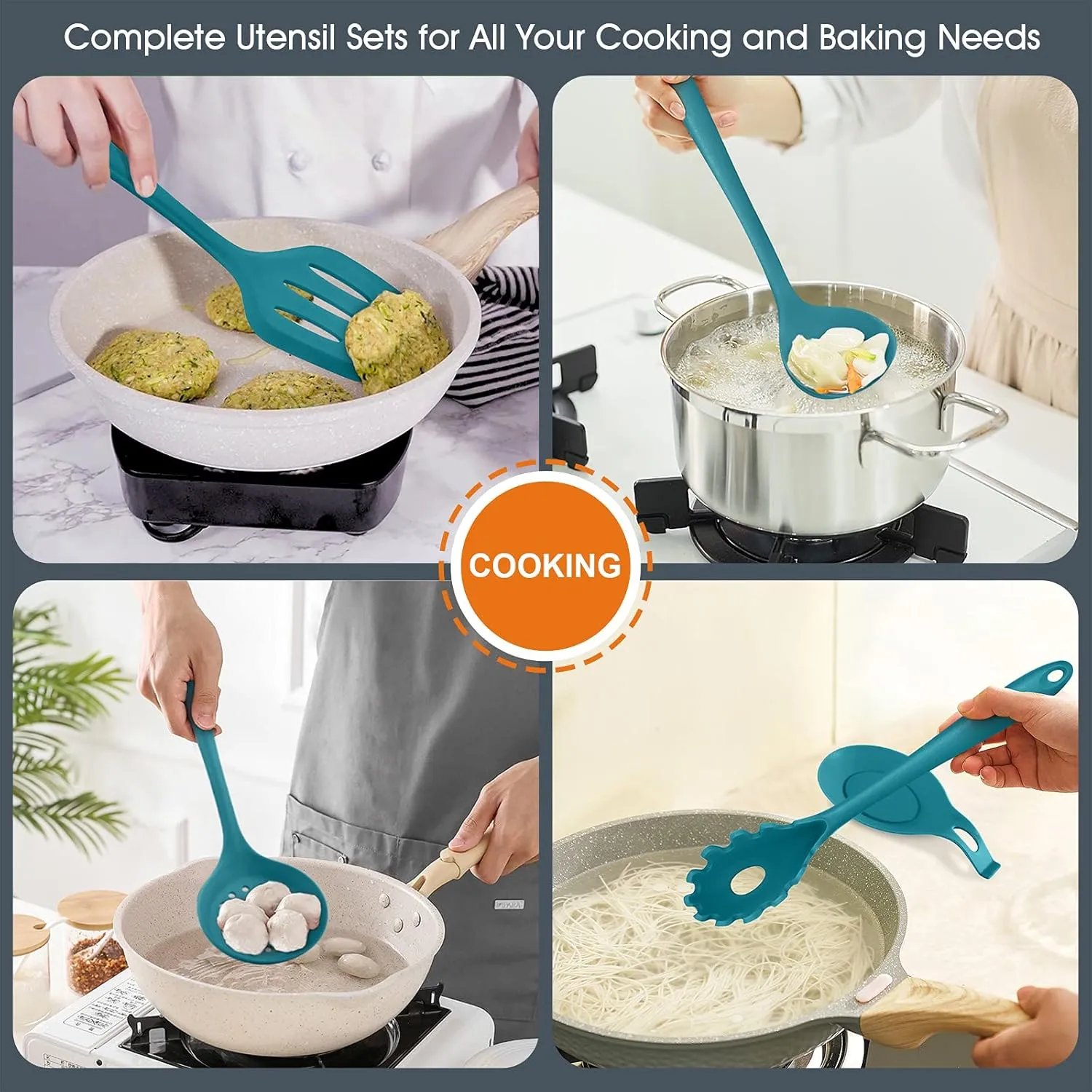 Teal Blue Kitchen Utensils Set, E-far 15-Piece Silicone Cooking Utensils with Holder, Non-stick Cookware Friendly & Heat Resistant, Includes Ladle Spatula Spoon Slotted Turner for Cooking & Baking