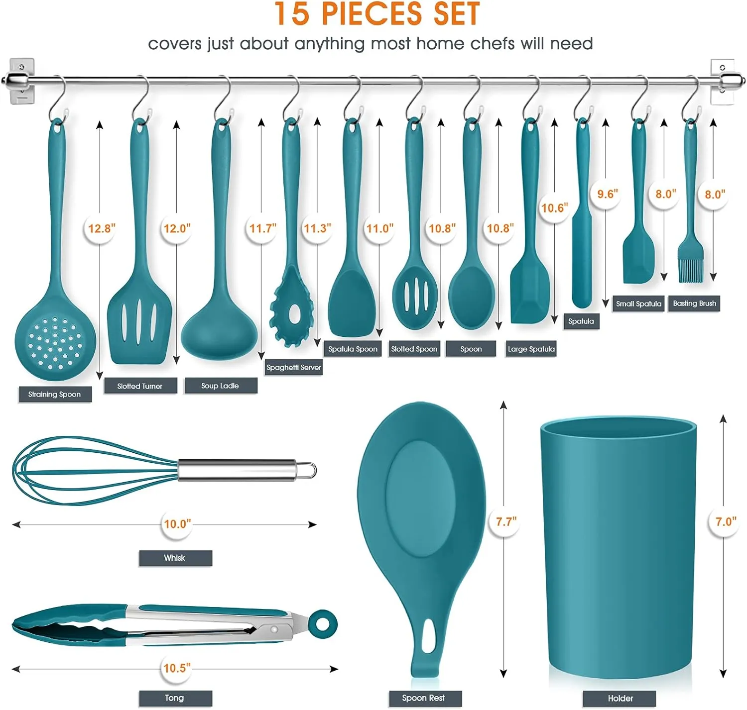Teal Blue Kitchen Utensils Set, E-far 15-Piece Silicone Cooking Utensils with Holder, Non-stick Cookware Friendly & Heat Resistant, Includes Ladle Spatula Spoon Slotted Turner for Cooking & Baking