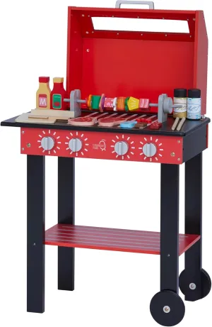Teamson Kids Little Helper Backyard Pretend Propane BBQ Grill Interactive Wooden Play Set with Accessories and Storage Space for Easy Clean Up, Red