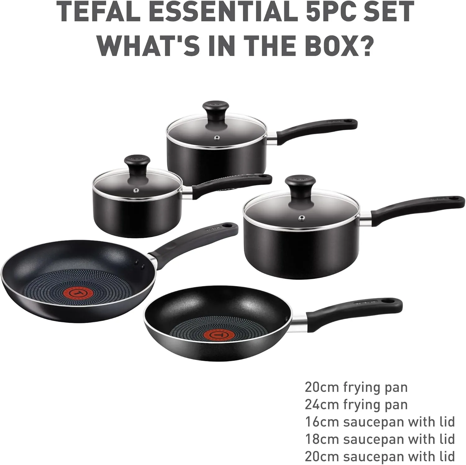 Tefal Essential, Aluminium Pots and Pans Set, 16 cm, 18 cm and 20 cm Saucepans with Lids, 20 cm and 24 cm Frying Pans, Black, B472S545