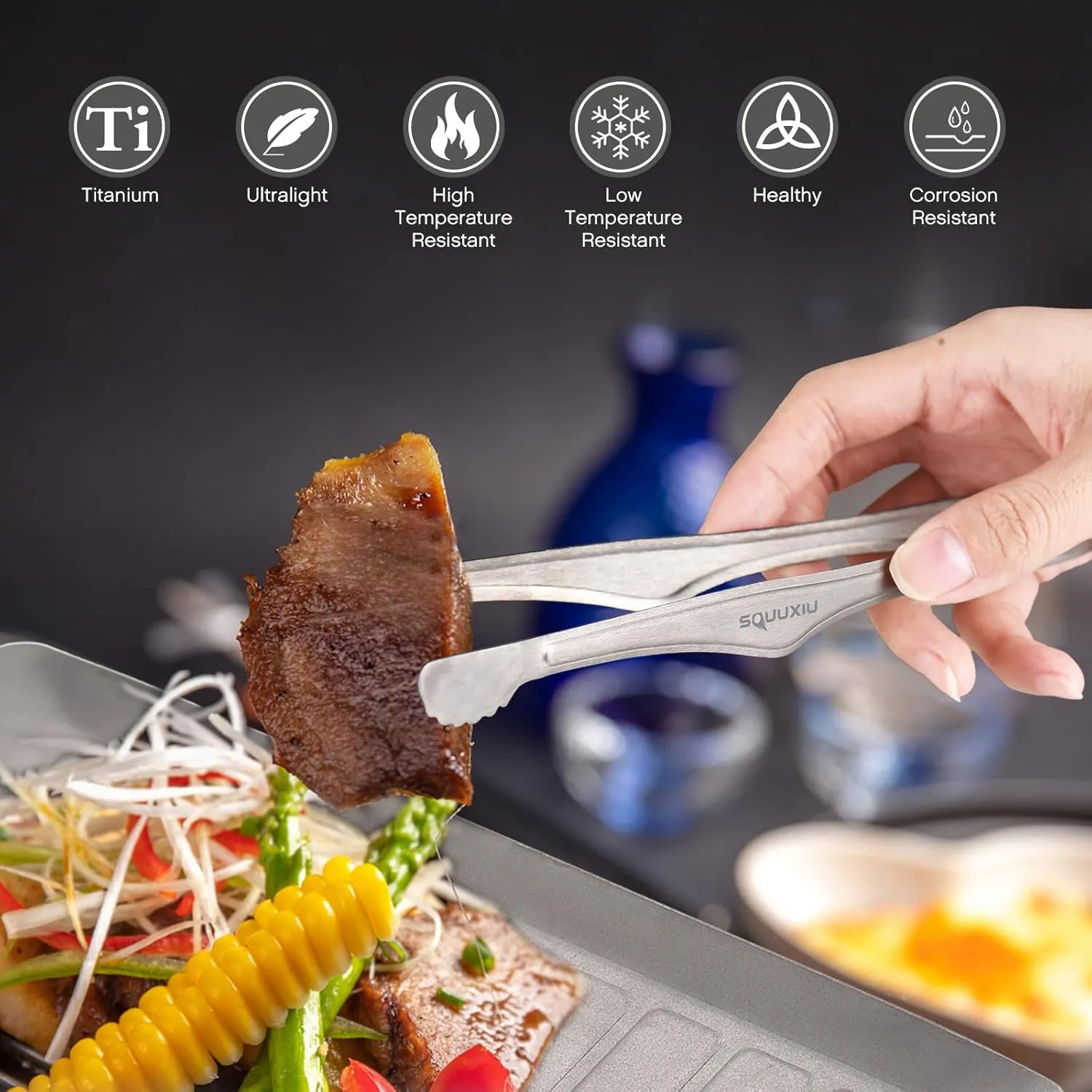 Ti Camping Grill Pan & BBQ Tongs Set Portable Outdoor Cookware Non-Stick Surface Matte Finish Perfect for 1 Person