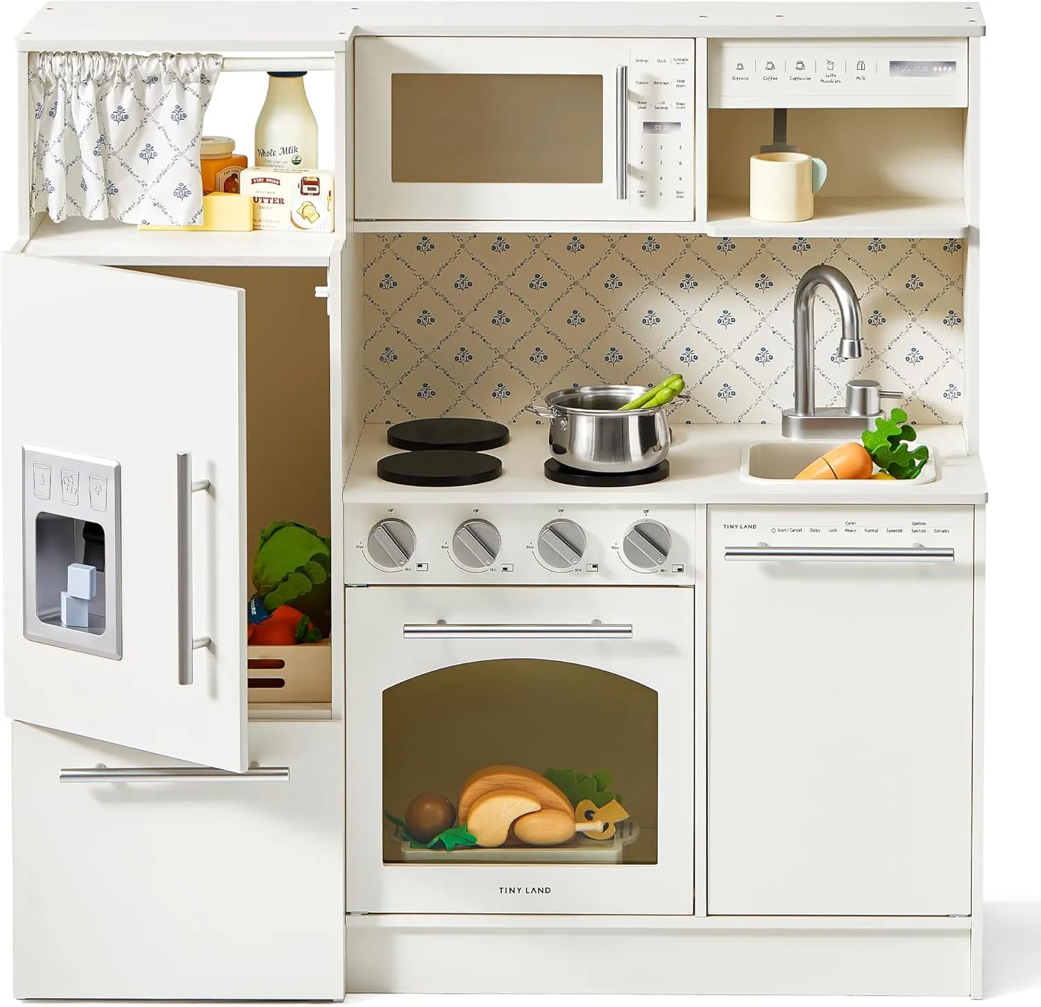 Tiny Land Play Kitchen for Kids, Upgraded Wooden Kitchen Toy with Complete Play Areas, Pretend Cooking Set with Sink, Stove, Microwave, Toy Coffee Station & Storage for Kids Ages 3 