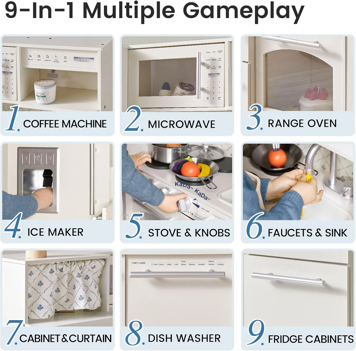 Tiny Land Play Kitchen for Kids, Upgraded Wooden Kitchen Toy with Complete Play Areas, Pretend Cooking Set with Sink, Stove, Microwave, Toy Coffee Station & Storage for Kids Ages 3 