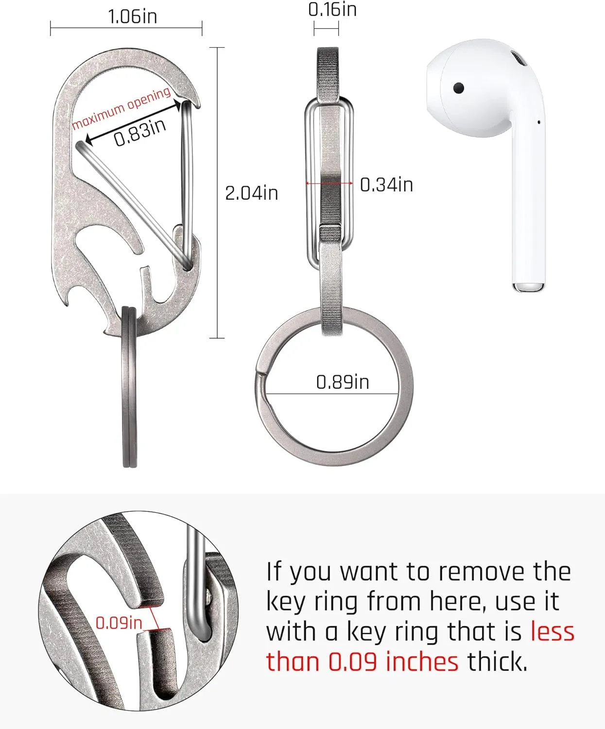 TISUR Titanium Carabiner Keychain Clip, Bottle Opener Keychain Multitool, Heavy Duty Car Keys Chain Tactical