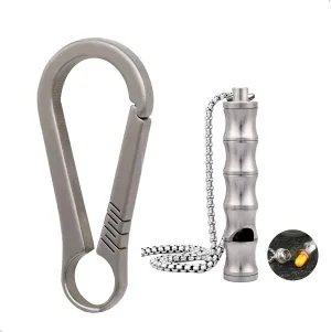 Titanium Carabiner for Keys and Pure Titanium Pill Case Whistle Bundle