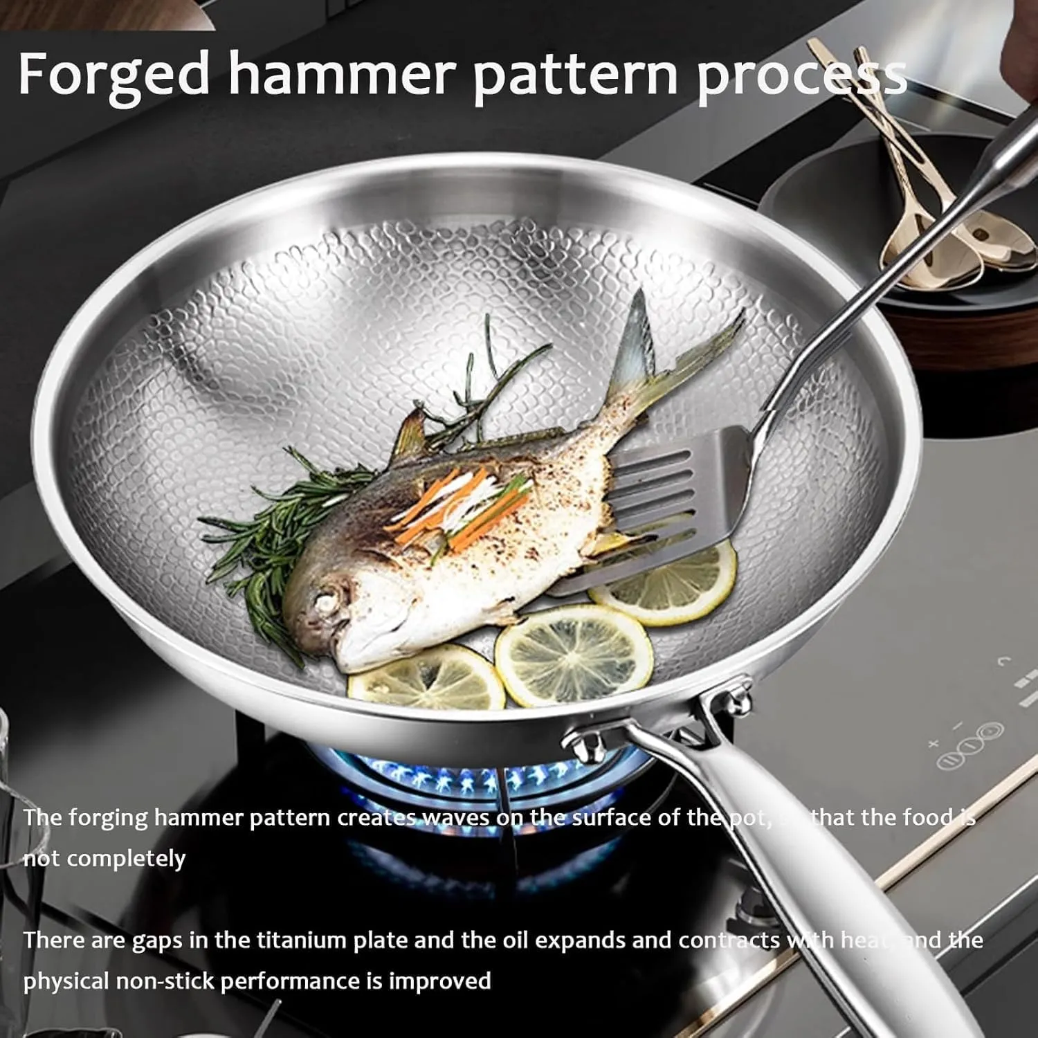 Titanium Hammered Pan Pro with Lid, Titanium Pro Cookware, Multifunctional Ultra-Durable Scratch-Resistant Non Stick Nutri Pans (XL)