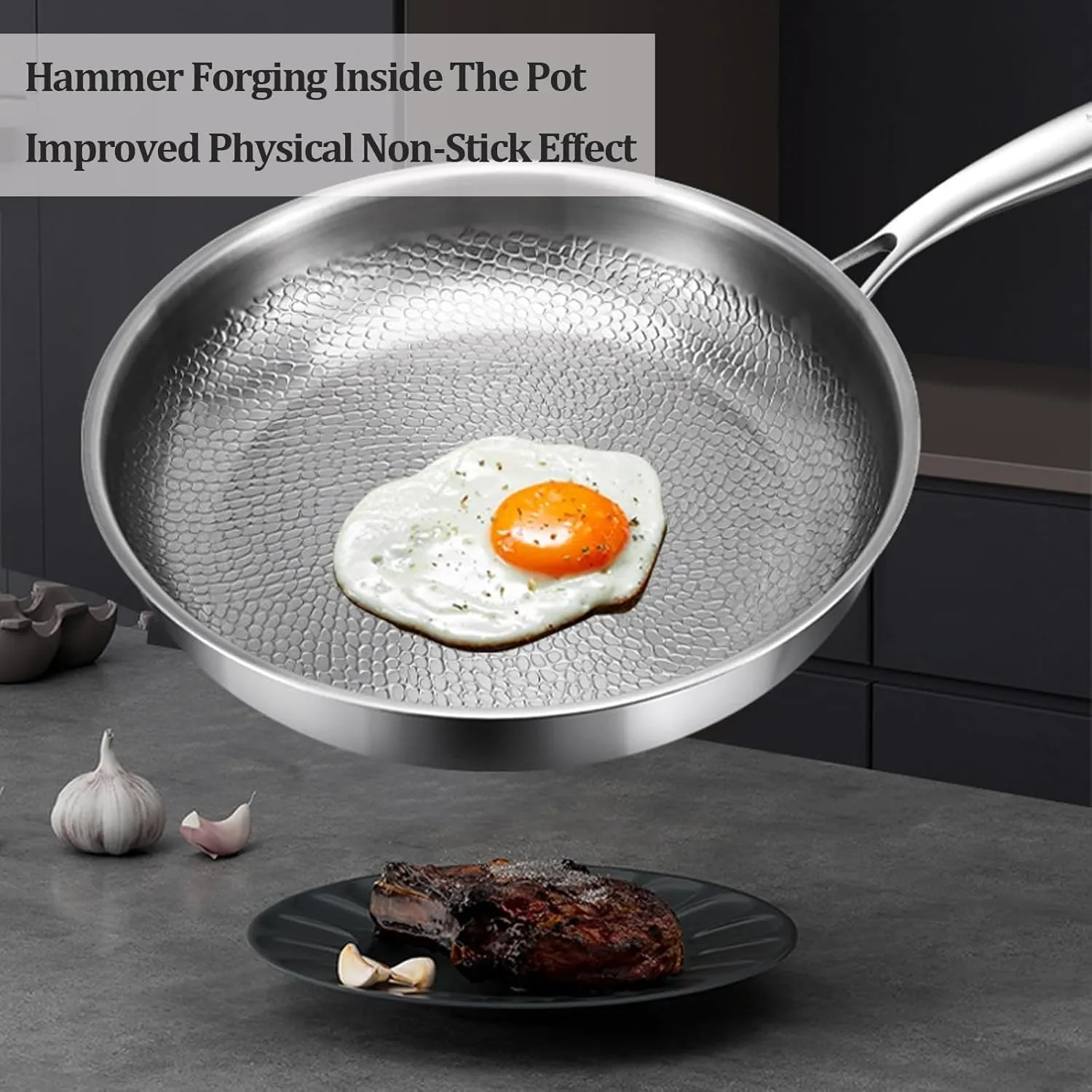 Titanium Hammered Pan Pro with Lid, Ultra-Durable Titanium Pro Cookware Set, 100% Pure Multifunctional Scratch-Resistant Non Stick Nutri Pans for Cooking (L 28cm/11.02in,No Lid)