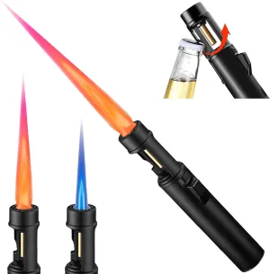 Torch Lighter, Camping Lighter with Beer Opener, Refillable Butane Gas Windproof Jet Flame Lightsaber, Red/Blue Flame with Safety Lock for Outdoor, Campfires, Camping, BBQ, Candles, Baking, Gift