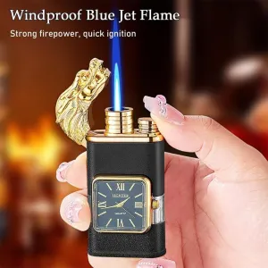 Torch Lighter, Dual Flame Dragon Lighter , Windproof Lighter with Visible Fuel Window, Adjustable Flame Lighter, Refillable Butane Lighter, Windproof Lighter Vintage Watch Bezel Jet Flame Torch Lighte