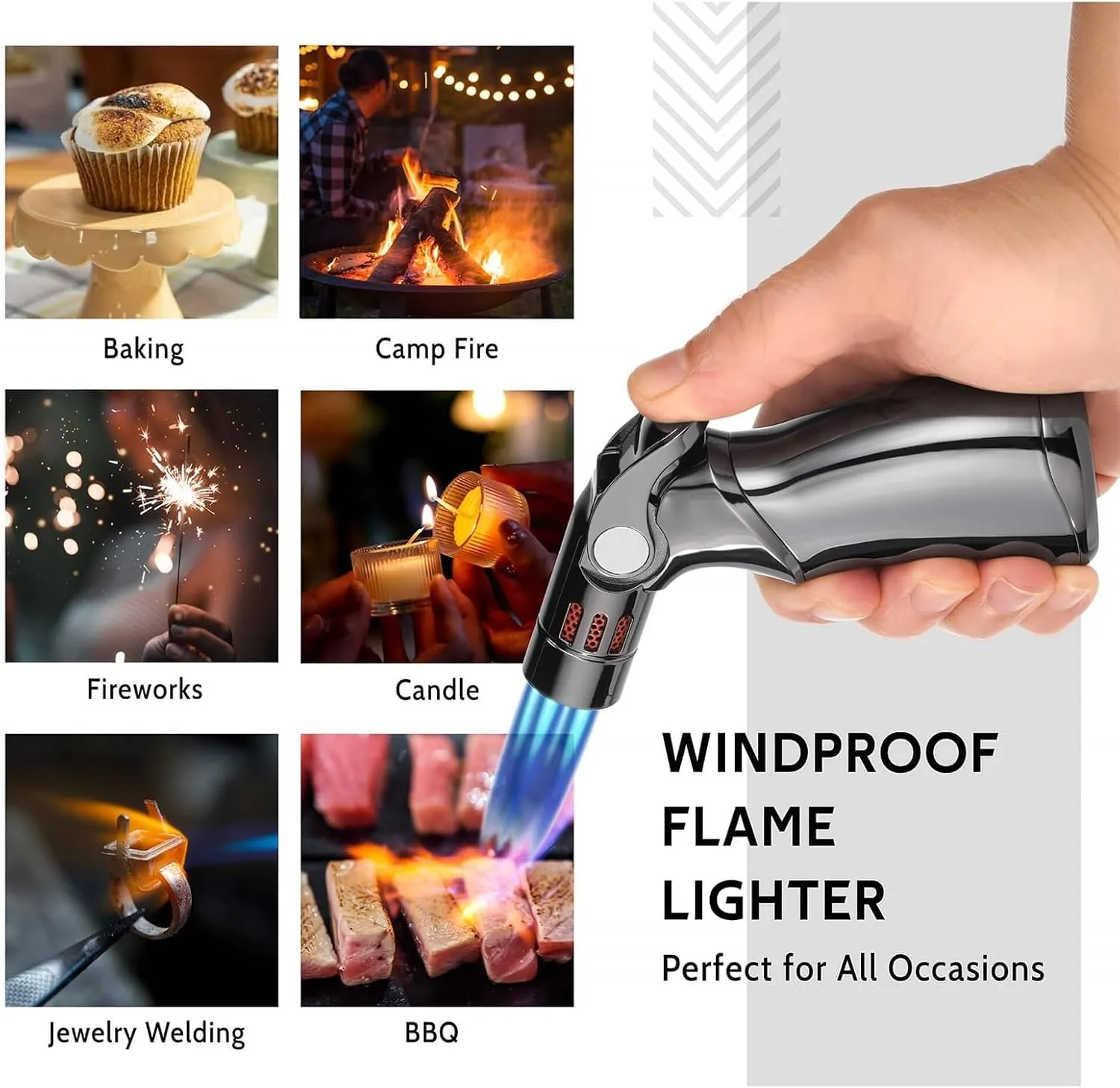 Torch Lighter Quad 4 Jet Flame Windproof Butane Refill Portable Lighter for Grill BBQ Candle Camping, Idea(Silver)