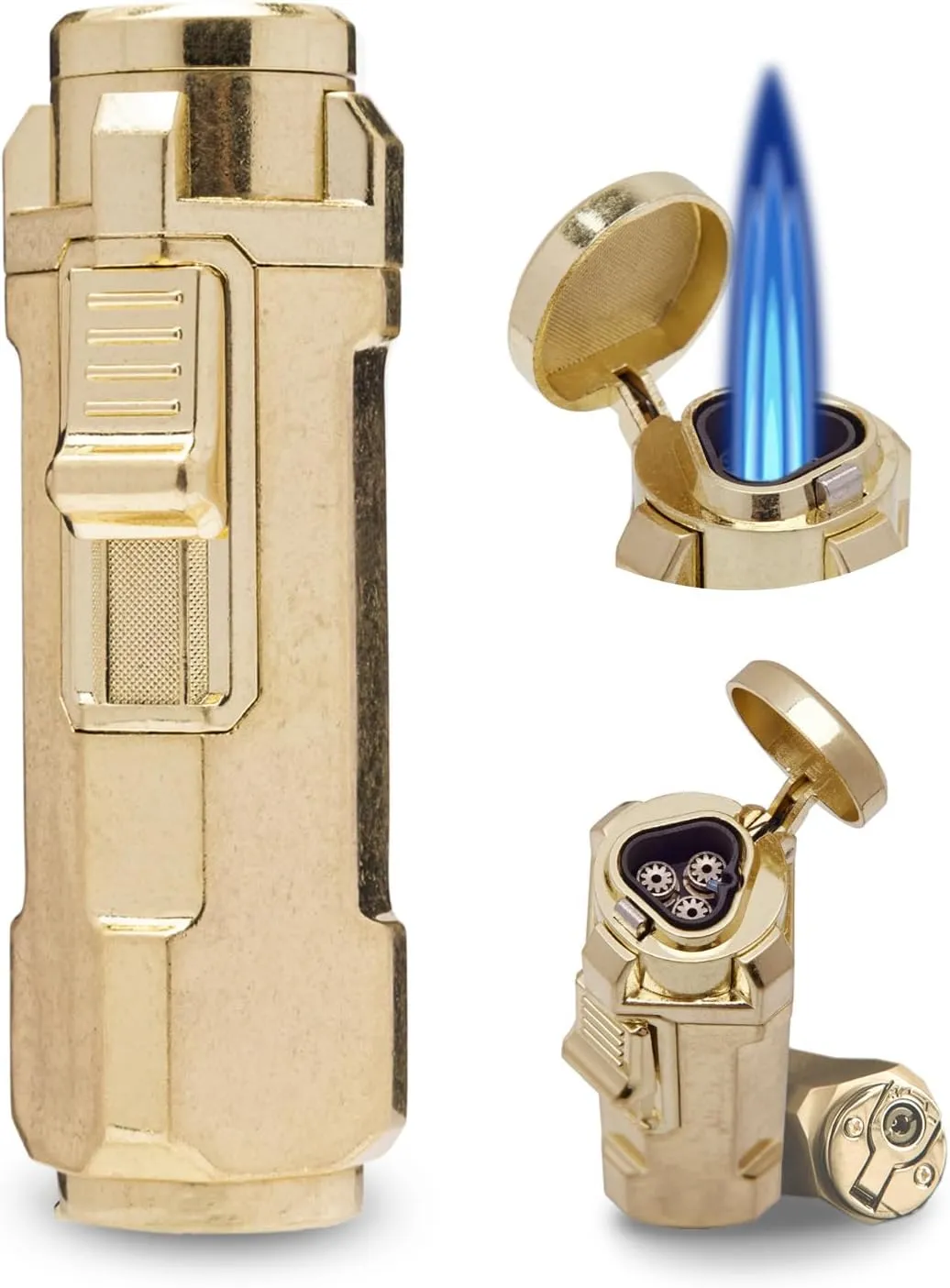 Torch Lighter, Triple Jet Flame Refillable Butane Lighter with Punch, Adjustable Windproof Cool Mini Lighters for Candle, Camping, Durable & Vintage Design with Gift Box (No Fuel)