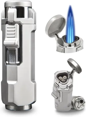 Torch Lighter, Triple Jet Flame Refillable Butane Lighter with Punch, Adjustable Windproof Cool Mini Lighters for Candle, Camping, Durable & Vintage Design with Gift Box (No Fuel)