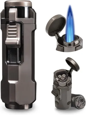 Torch Lighter, Triple Jet Flame Refillable Butane Lighter with Punch, Adjustable Windproof Cool Mini Lighters for Candle, Camping, Durable & Vintage Design with Gift Box (No Fuel)