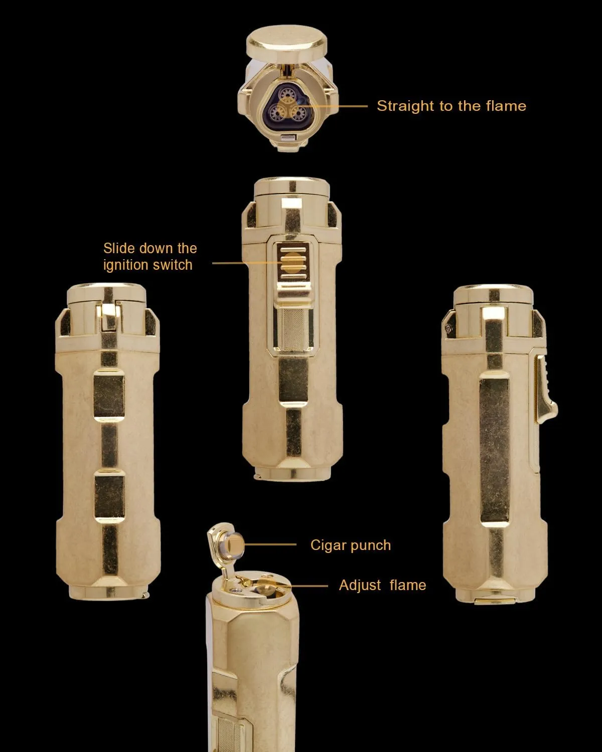 Torch Lighter, Triple Jet Flame Refillable Butane Lighter with Punch, Adjustable Windproof Cool Mini Lighters for Candle, Camping, Durable & Vintage Design with Gift Box (No Fuel)