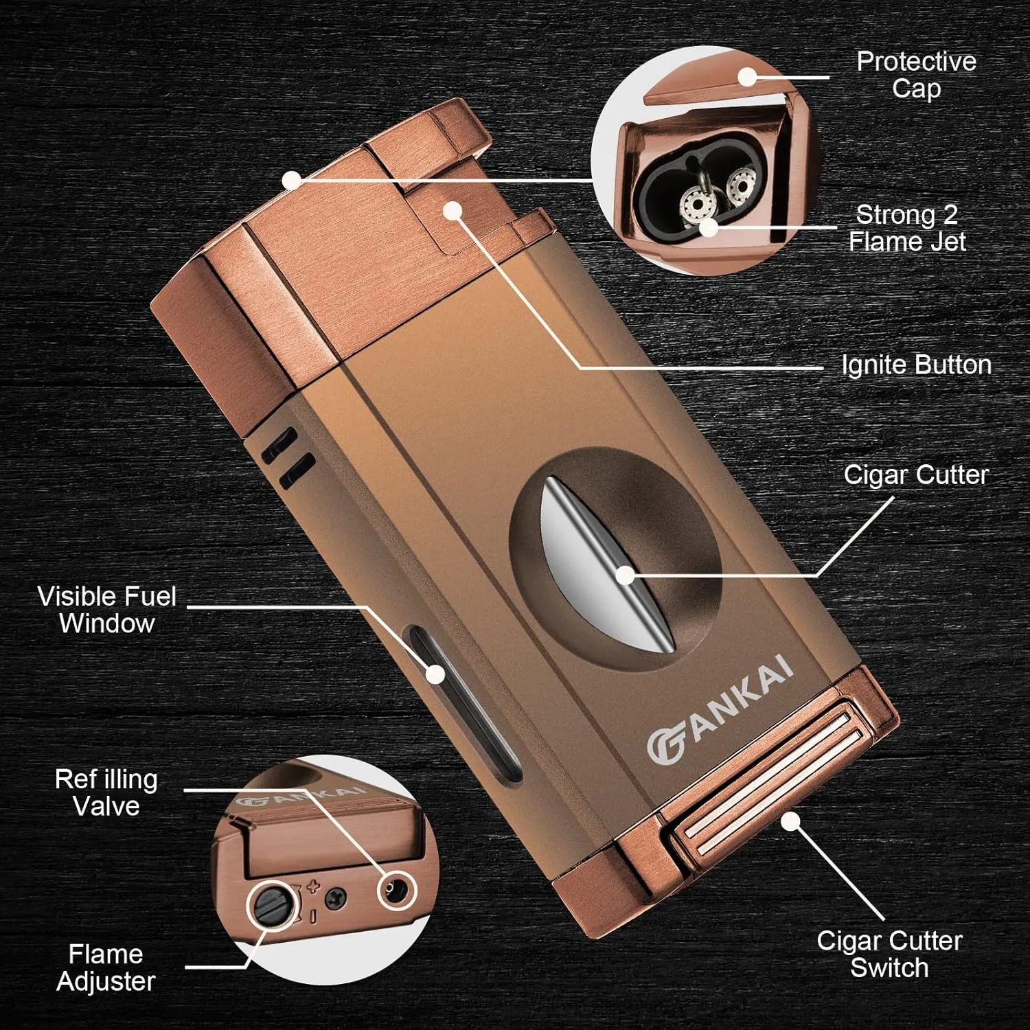 Torch Lighter with Cigar V Cutter, Cigar Lighter Double Jet Flame Refillable Butane Lighter 2 in 1 Windproof Lighters for Smoking with Gift Box (Butane Not Included)