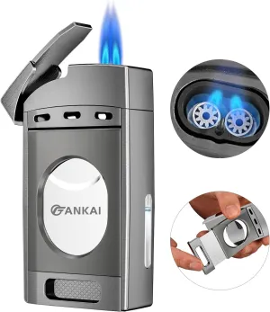 Torch Lighter with Cutter,FANKAI Cigar Lighter Double Jet Flame Refillable Butane Lighter 2 in 1 Windproof Lighters for Smoking Cigar Accessories W/Gift Box (Butane Not Included)