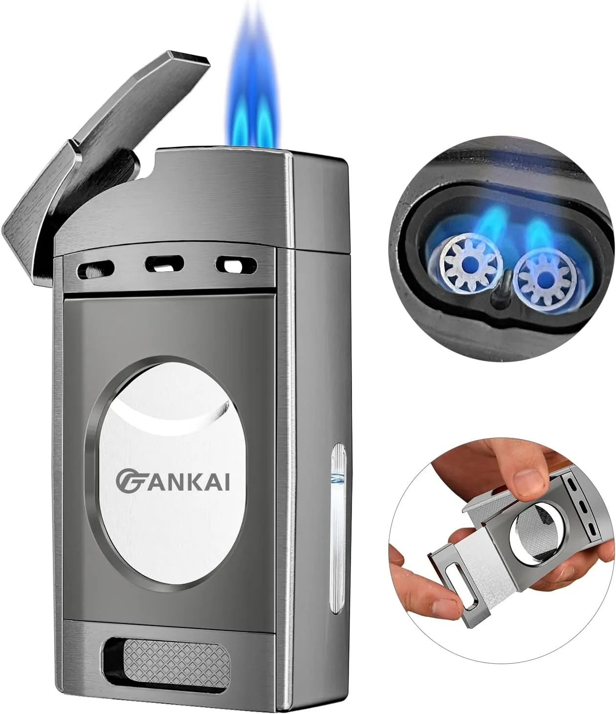 Torch Lighter with Cutter,FANKAI Cigar Lighter Double Jet Flame Refillable Butane Lighter 2 in 1 Windproof Lighters for Smoking Cigar Accessories W/Gift Box (Butane Not Included)
