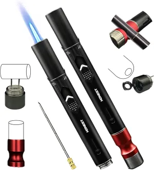 Torch Lighter,5-in-1 Torch Lighter with Punch,Holder,Draw Enhancer Tool,Windproof Adjustable Jet Flame,Gifts for Men Accessories,Refillable Pen Lighter for Candles,Outdoor(Butane Not Included)