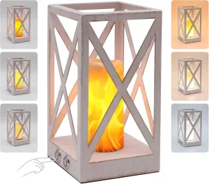 Touch Bedside Table Lamp with 3 Brightness & 3 Color Temperatures Dimmable Lamp, Battery Powered Small Lamp for Bedroom, Vintage White Nightstand Lamp with Flame Lantern for Bedroom Living Room