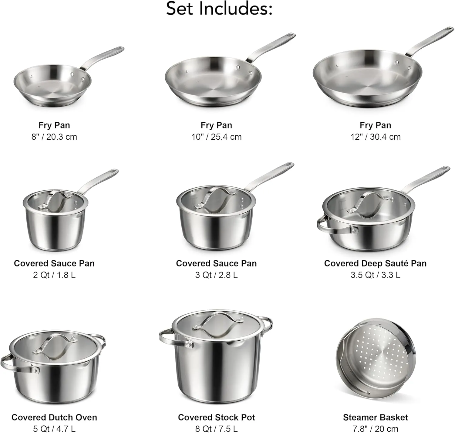 Tramontina Tempo Tri-Ply Base Stainless Steel 14-Piece Cookware Set with Glass Lids, Pots and Pans Kitchen Set, Induction-Ready, Oven-Safe, Dishwasher-Safe