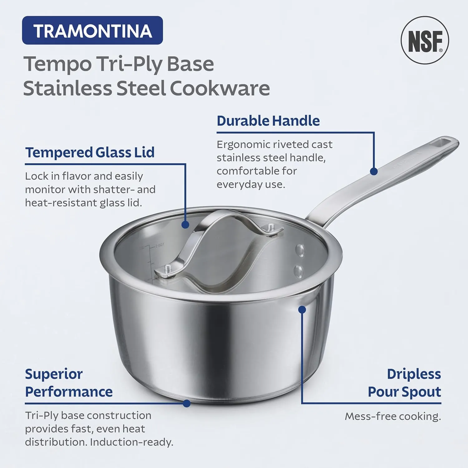 Tramontina Tempo Tri-Ply Base Stainless Steel 14-Piece Cookware Set with Glass Lids, Pots and Pans Kitchen Set, Induction-Ready, Oven-Safe, Dishwasher-Safe