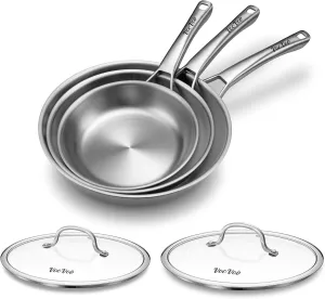 Tri-Ply Stainless Steel Frying Pans Set with Lid,PFOA&PTFE Free Skillets,Chef's Pan Set(8 10 12inch) Frying Pans for cooking,Induction Cookware Sets,Dishwasher and Oven Safe Kitchen set