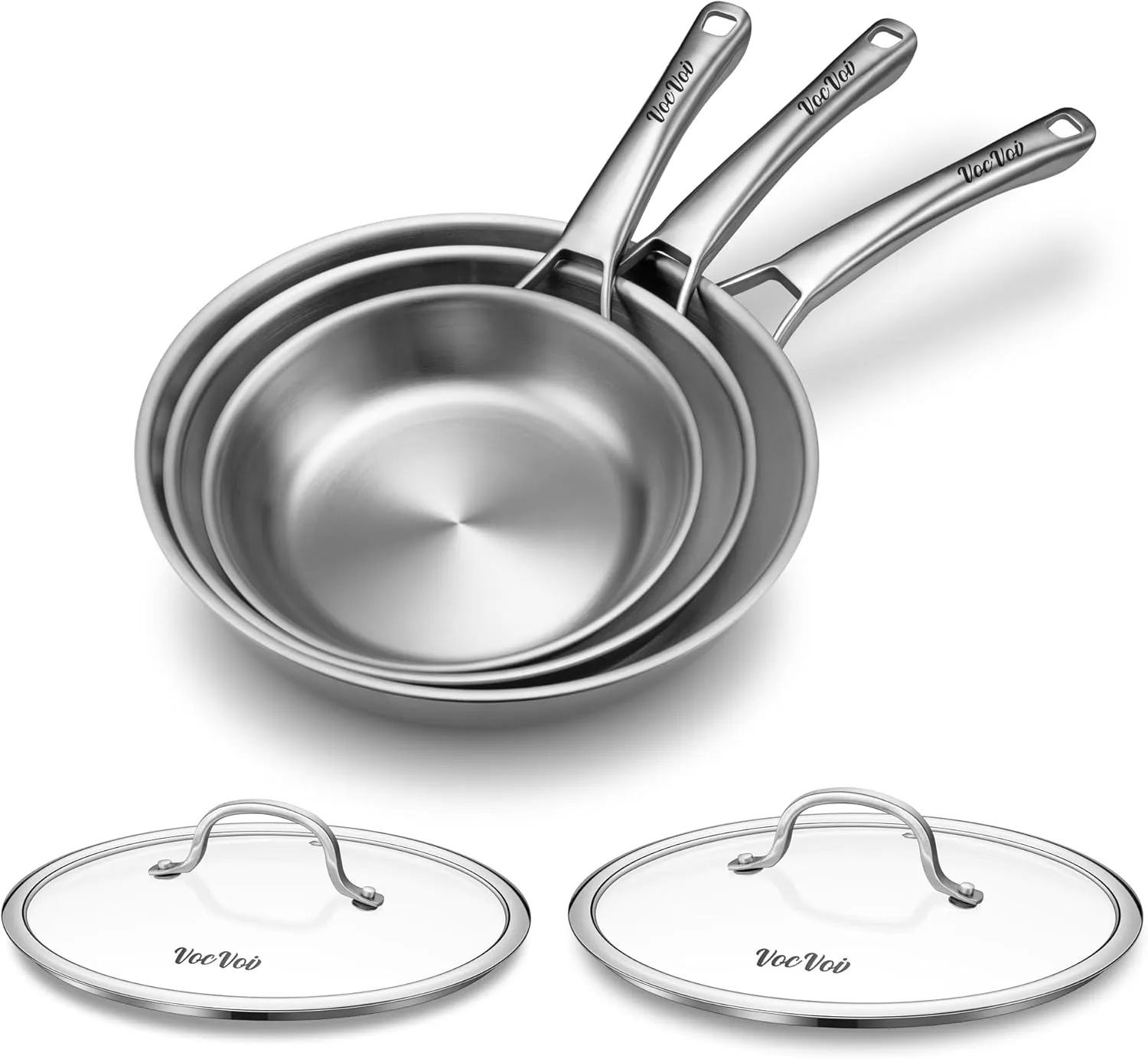 Tri-Ply Stainless Steel Frying Pans Set with Lid,PFOA&PTFE Free Skillets,Chef's Pan Set(8 10 12inch) Frying Pans for cooking,Induction Cookware Sets,Dishwasher and Oven Safe Kitchen set