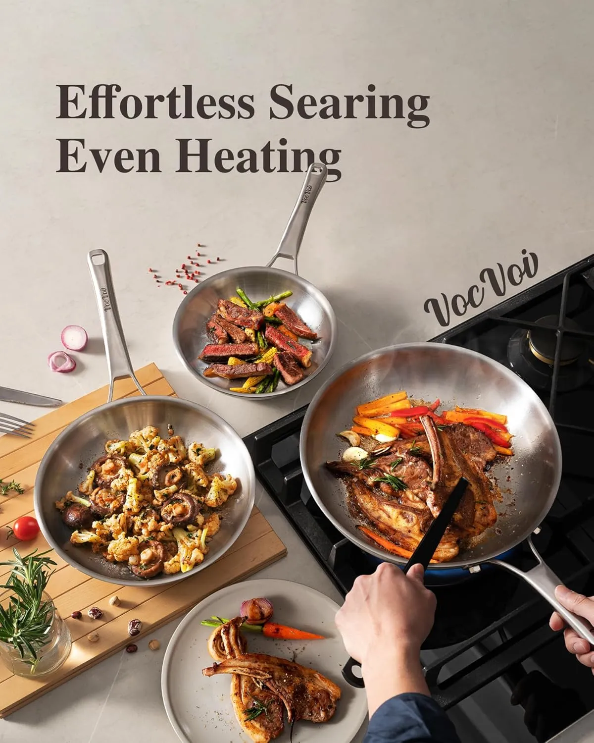 Tri-Ply Stainless Steel Frying Pans Set with Lid,PFOA&PTFE Free Skillets,Chef's Pan Set(8 10 12inch) Frying Pans for cooking,Induction Cookware Sets,Dishwasher and Oven Safe Kitchen set