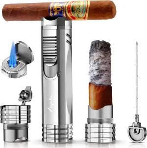 Triple Jet Flame Cigar Lighter, Cigar Punch, Cigar Draw Enhancer, Cigar Holder,All-in-one Refillable Butane Torch Lighter. Cigar Accessories(Gas Not Included)