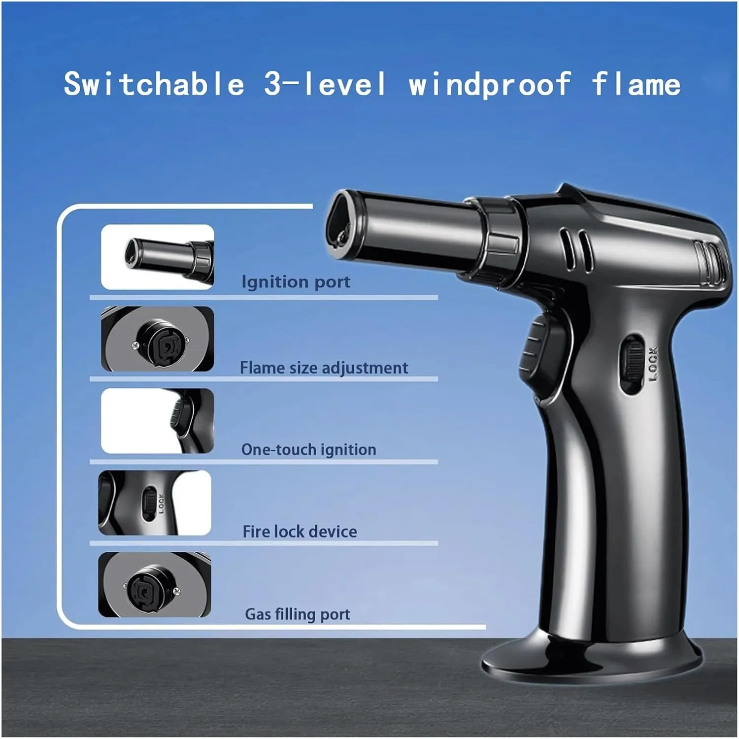 Triple Windproof Flame Lockable refillable Adjustable Size Torch Lighter, Camping Candle Outdoor (Butane not Included)(Silver)